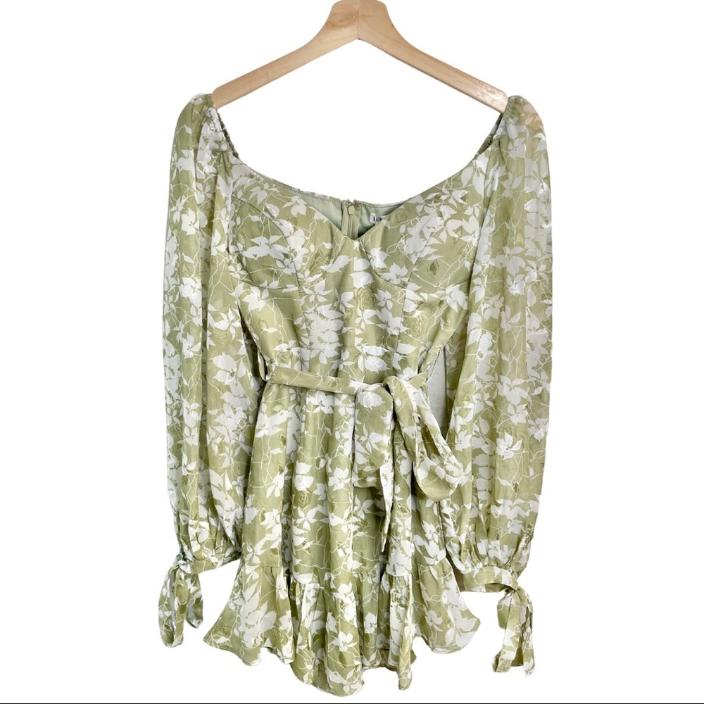 Hello Molly Long Sleeve Floral Olive Green and White Waist Tie Mini Dress - Picture 2 of 6